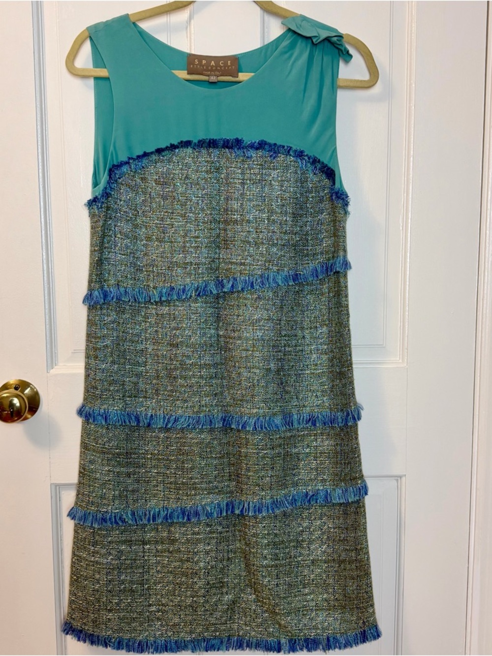Space Style Concepts Teal & Blue Silk and Tweed Dress With Fringe Detailing, 42